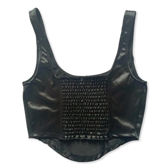 A.C.W. Black Satin Smocked Crop Top Bustier Corset Smock Goth Punk Romantic Emo - Picture 2 of 11